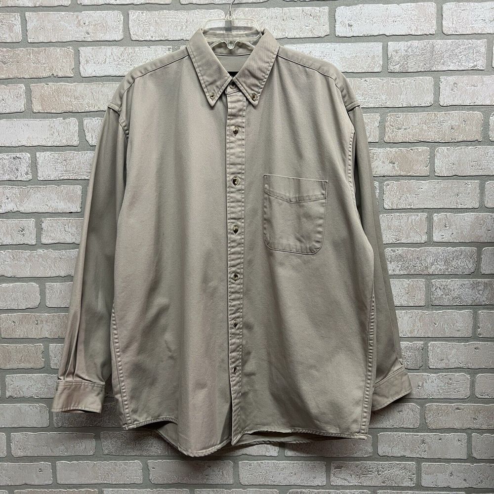 Eddie Bauer Vintage Denim Button Down Shirt Mens Size Large Tan‎ Long Sleeve